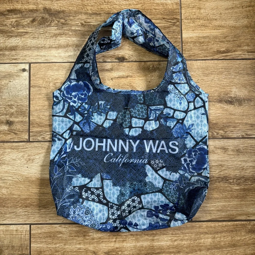 Johnny Was Reusable Nylon Shopping Tote Blue Floral Patchwork - Picture 3 of 13